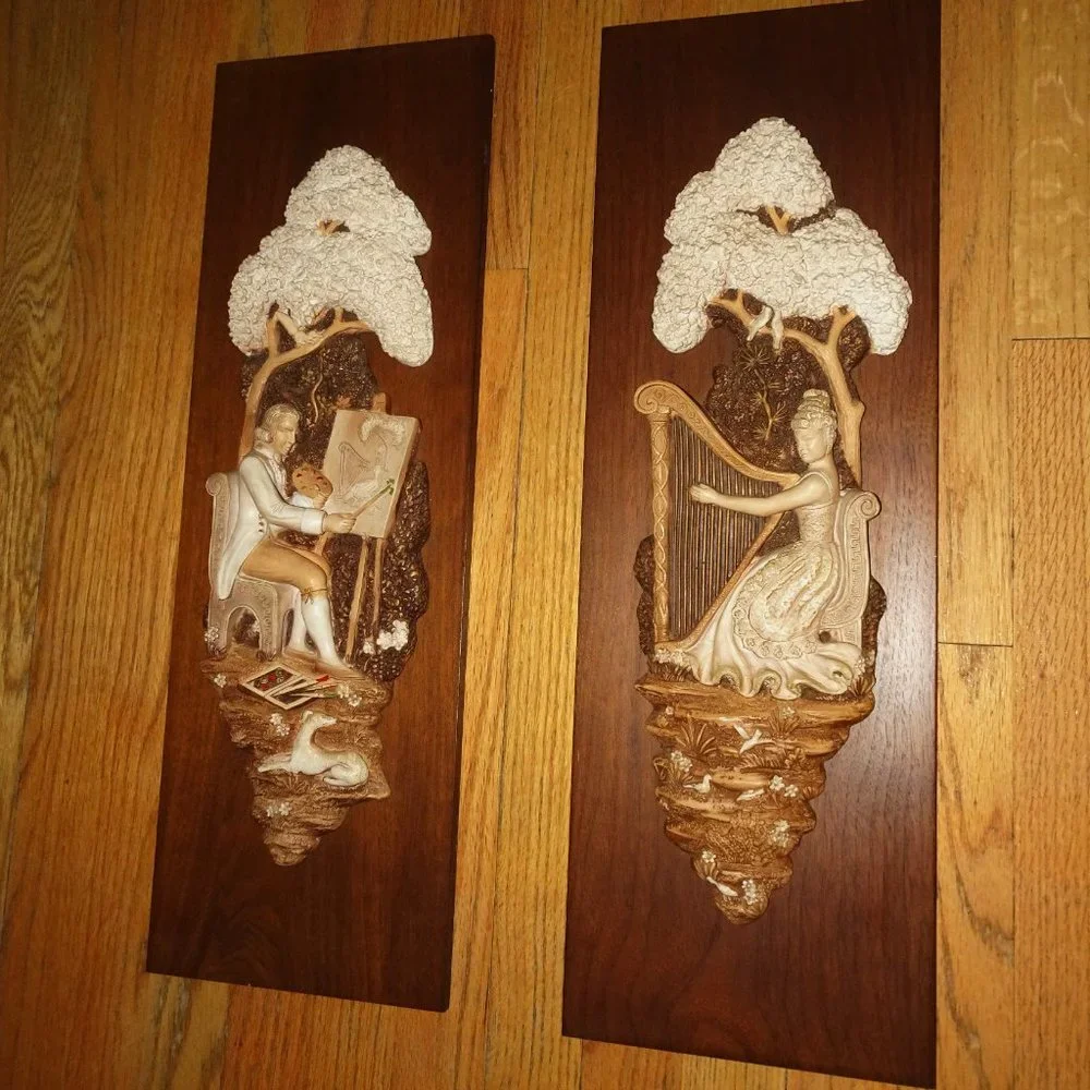 Vintage Girotti Sculptured Art Wall Hanging Plaque Man Painting Women with harp